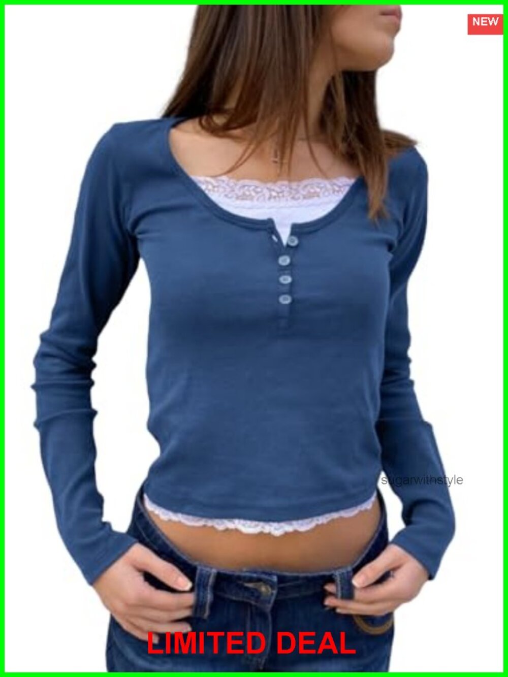 Women Long Sleeve Button Up Lace Patchwork Henley Crop Top Y2K Fit Shirt